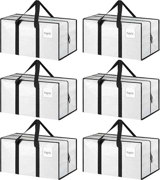 6 Pack Extra Heavy Duty Large Moving Bags with Strong Zipper & Comfortable Handles, Sturdy & Durable Clothes Storage Bags Totes Bins, Packing Moving Boxes for College Supplies, White