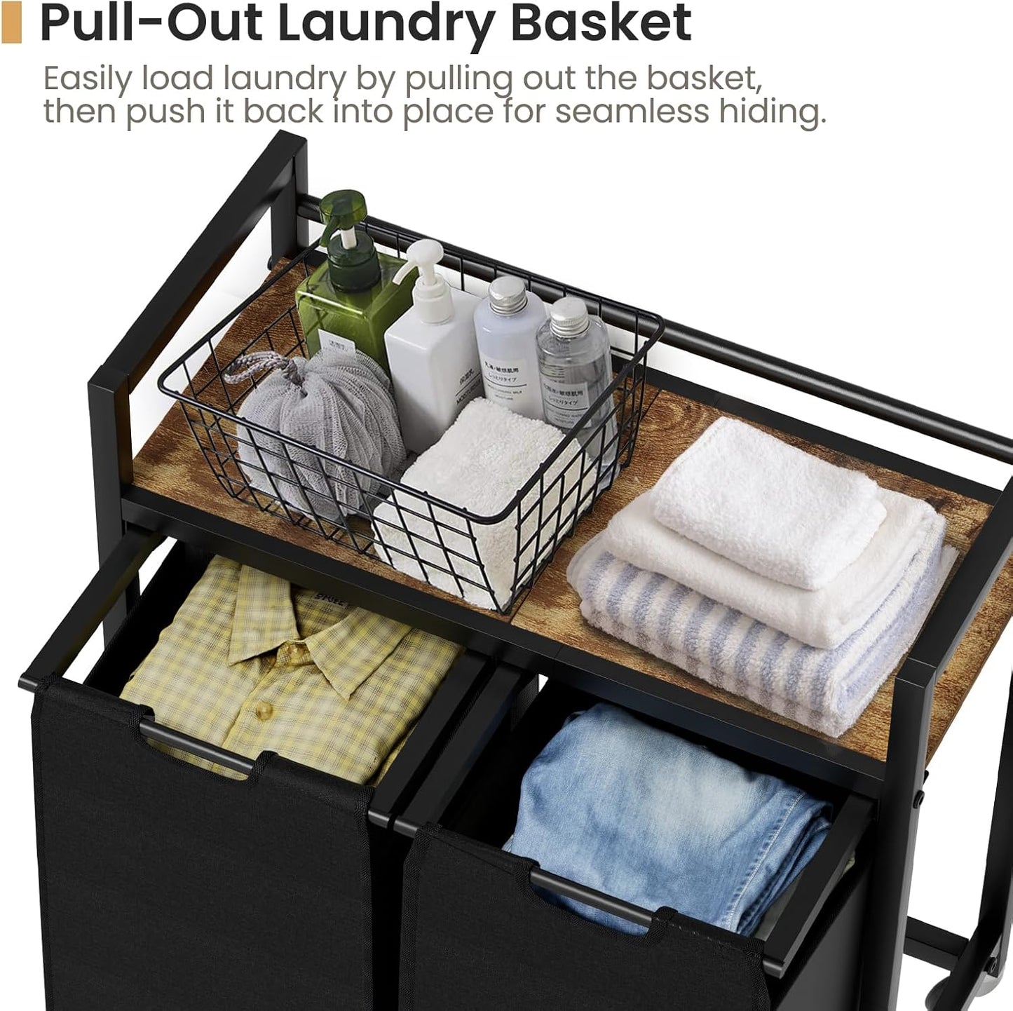 Laundry Hamper, Laundry Basket, Laundry Sorter with 2 Removable Bags, Clothes Basket with 2 Compartments, Wheels, Shelf for Laundry Room Bathroom Bedroom (2 Bags-Black) - NestledHome