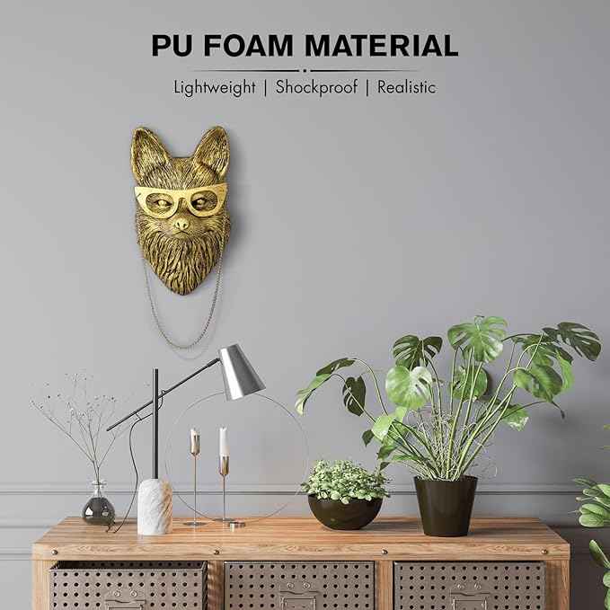 montresor Animal Head Wall Sculptures Decor 9.4 inchs Gold Fox Vintage 3D Wall Decor Art for Whimsigoth Gold Animal Heads for Wall Lightweight Material Accent Wall Hanging Room Decor for Maximalist