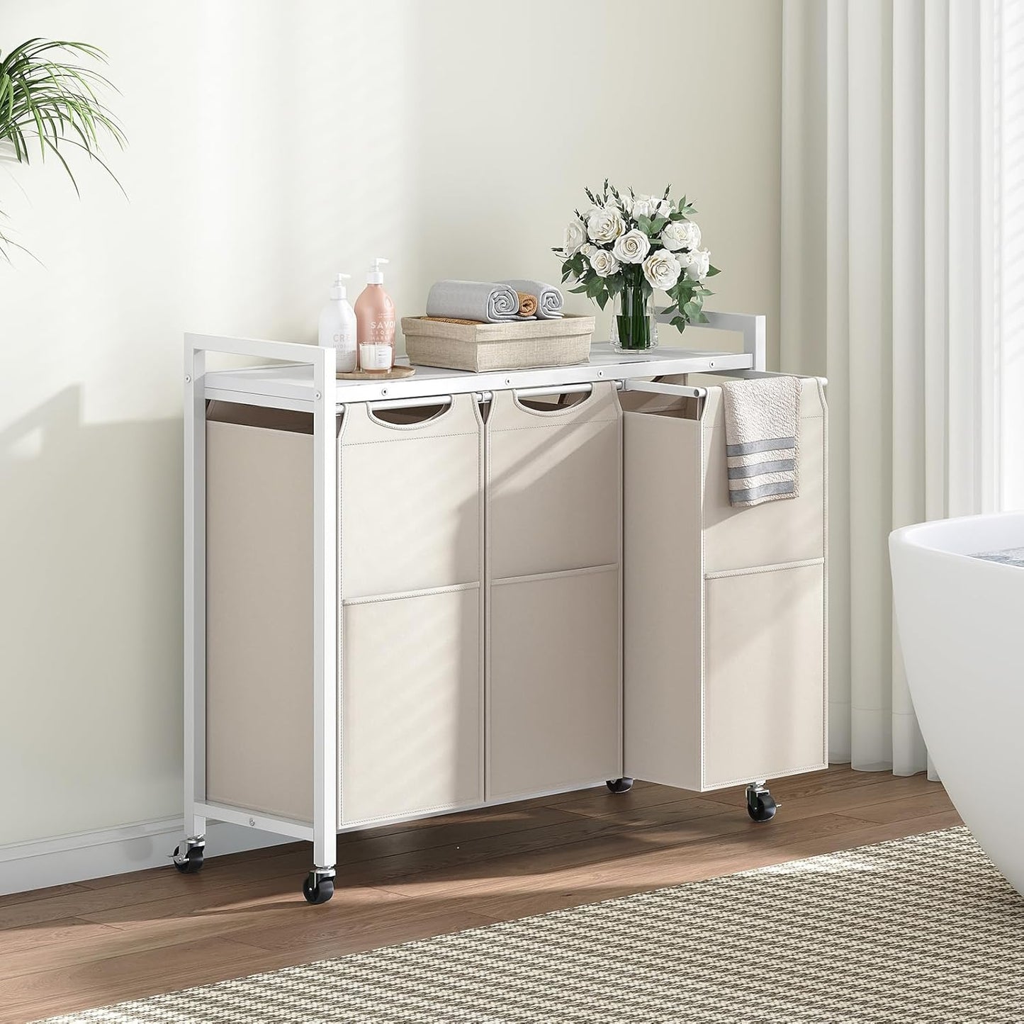 HOOBRO Laundry Sorter 3 Section, Laundry Hamper with Wheels, 3 × 11.5 Gal (43.4L), Rolling Laundry Basket, Pull-Out and Removable Oxford Fabric Bags, White WG76XY01 - NestledHome