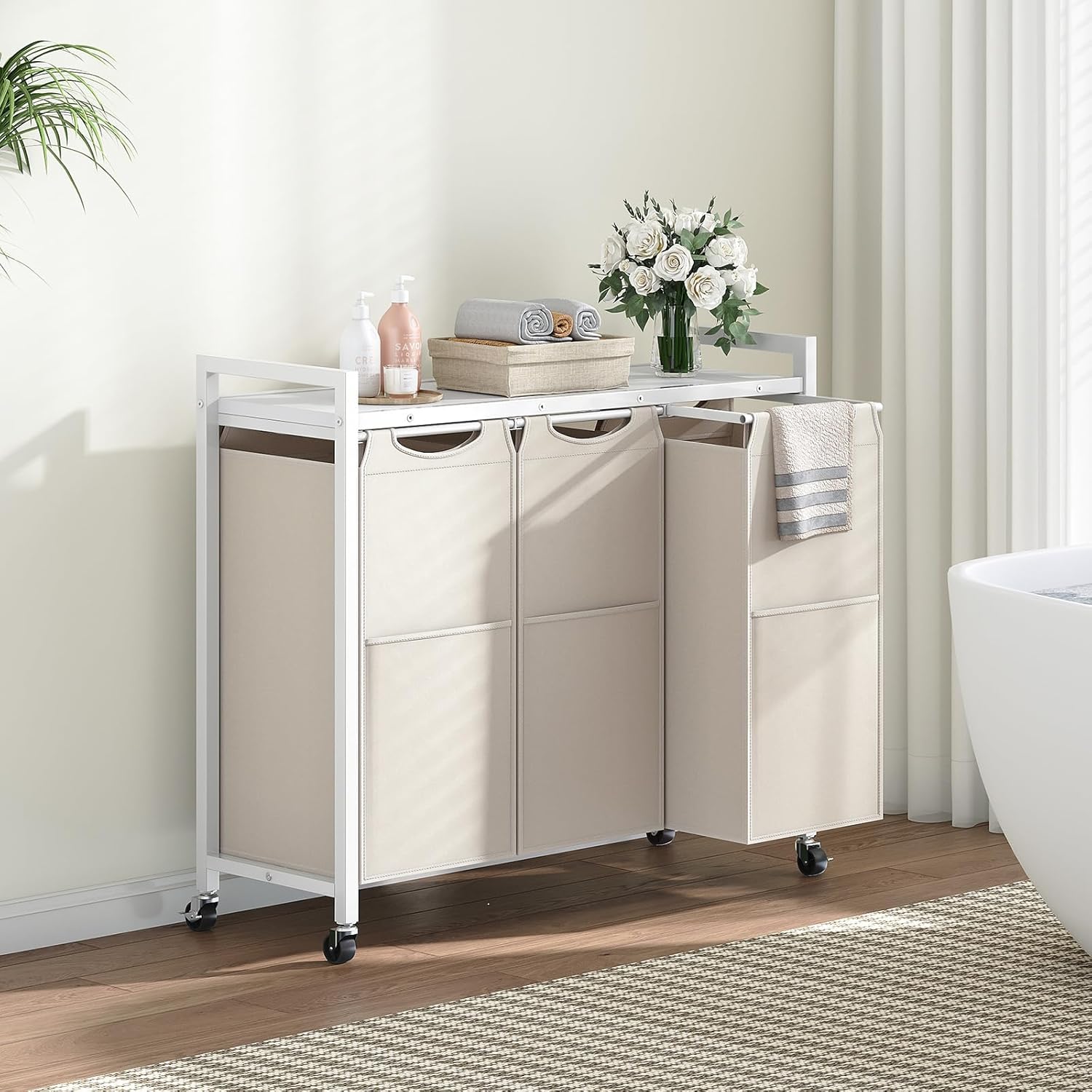HOOBRO Laundry Sorter 3 Section, Laundry Hamper with Wheels, 3 × 11.5 Gal (43.4L), Rolling Laundry Basket, Pull-Out and Removable Oxford Fabric Bags, White WG76XY01 - NestledHome