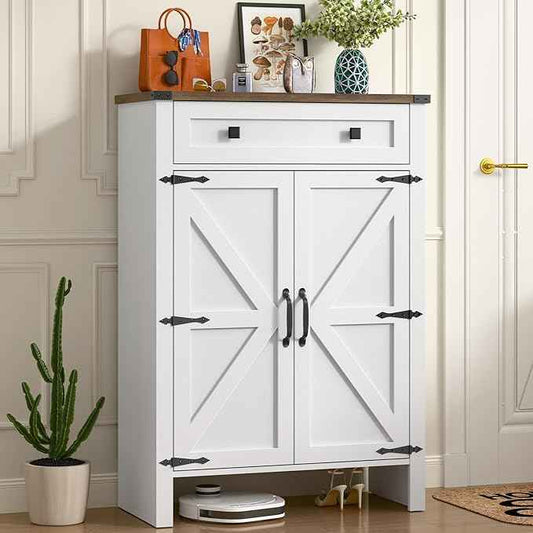 Vabches Shoe Storage Cabinet, 5-Tier Farmhouse Shoe Cabinet with Adjustable Shelves & Drawer, Wooden Shoes Rack Cabinets Storage Organizer with Doors for Entryway, Hallway, Closet, Living Room, White