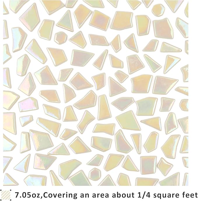 Youway Style Iridescent Cream Glass Mosaic Tiles for Crafs Bulk,200g Broken Stained Glass Pieces for Crafts DIY Mosaic Art Decor