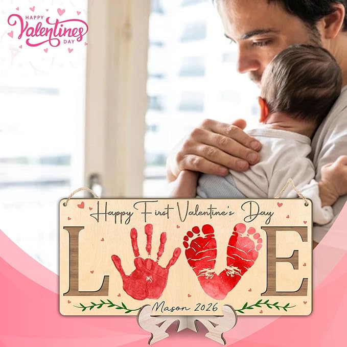 Love Happy First Valentine's Day Wooden Sign, DIY Baby's First Valentine Footprint Handprint Sign, Milestone Art Craft, 1st Valentines Keepsake, Gifts for New Mom, Dad, Newborn Baby Kid Toddler