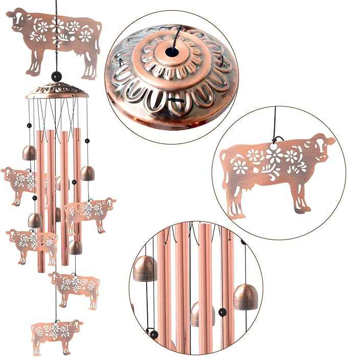 Cow Gifts for Women,Handcrafted Brass Ox Bulldog Wind Chimes Outdoor,Birthday Gifts for Men/Mom/Grandma Cow Metal WindChimes Outside/Indoors, Lawn, Patio, Garden Decor, Yard Decorations