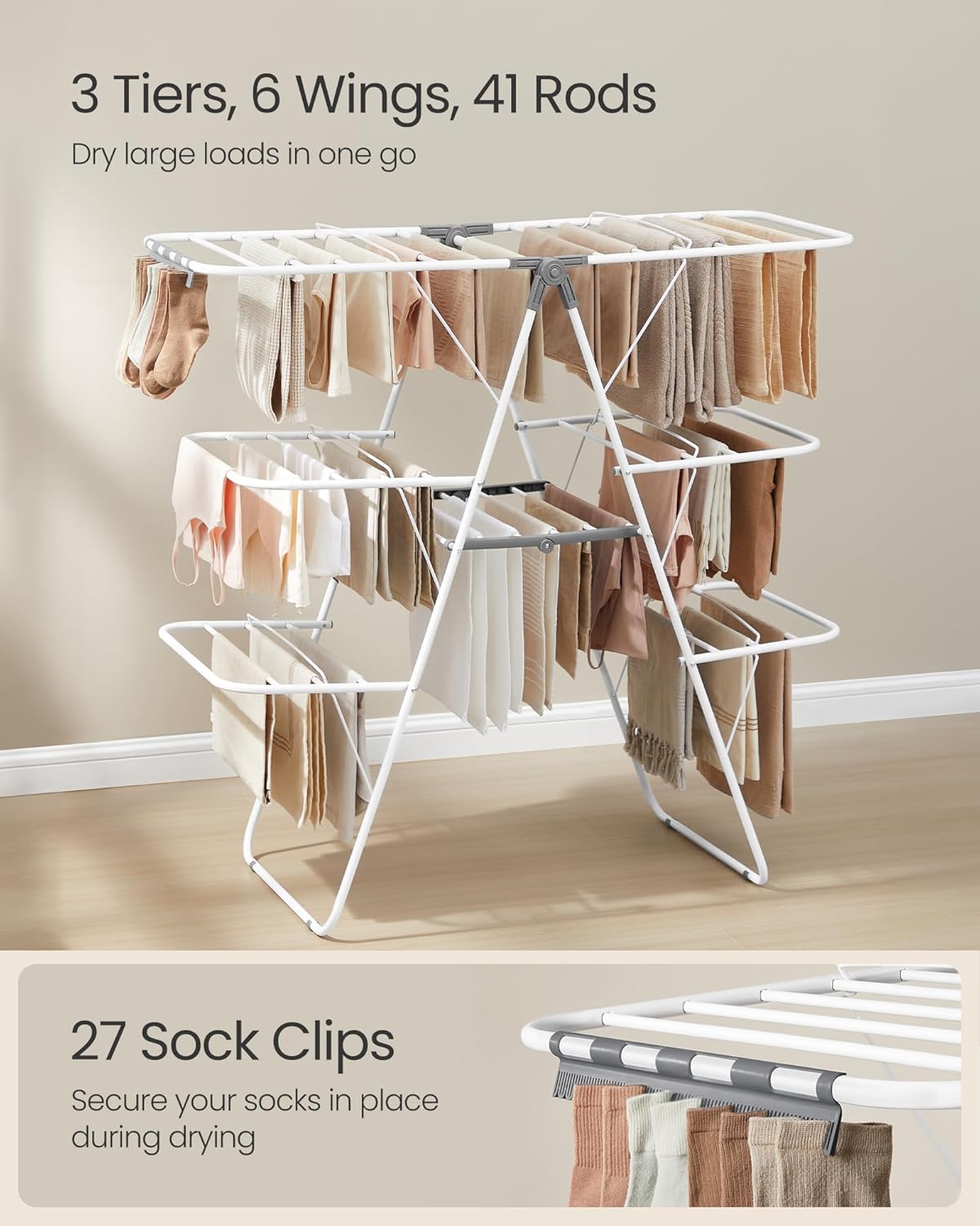 SONGMICS Clothes Drying Rack, Foldable 3-Level Laundry Rack, Free-Standing Large Drying Rack, with Height-Adjustable Wings, 39 Drying Rails, Sock Clips, White and Gray ULLR054W01 - NestledHome