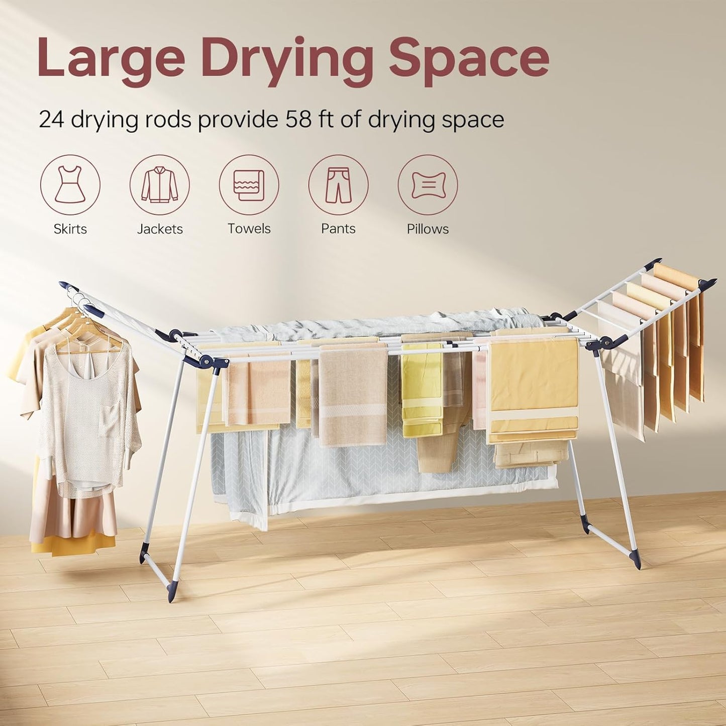APEXCHASER Clothes Drying Rack Foldable, Large Drying Rack for Clothing Retractable, Winged Laundry Rack Folding Indoor Outdoor, Metal Clothes Airer for Bedding Towel Sweater Heavy Duty, White - NestledHome