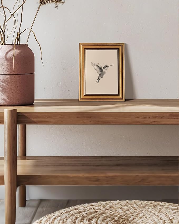 VIYYIEA Vintage Gold Framed Wall Art for Living Room, Birds Canvas Prints Home Decor, Sketch Painting Picture, Bedroom Wall Decor Gifts for Friends or Family -【Hummingbird】-(10L x 8W)