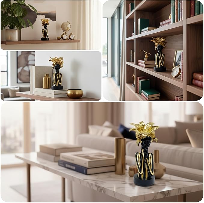 African Woman Art Sculpture with Gold Floral Crown, Exquisite African Statue, Emotional Modern Home Art Gift for Various Settings Such as Home, Bookshelves, desks, or Offices(7.68 inch