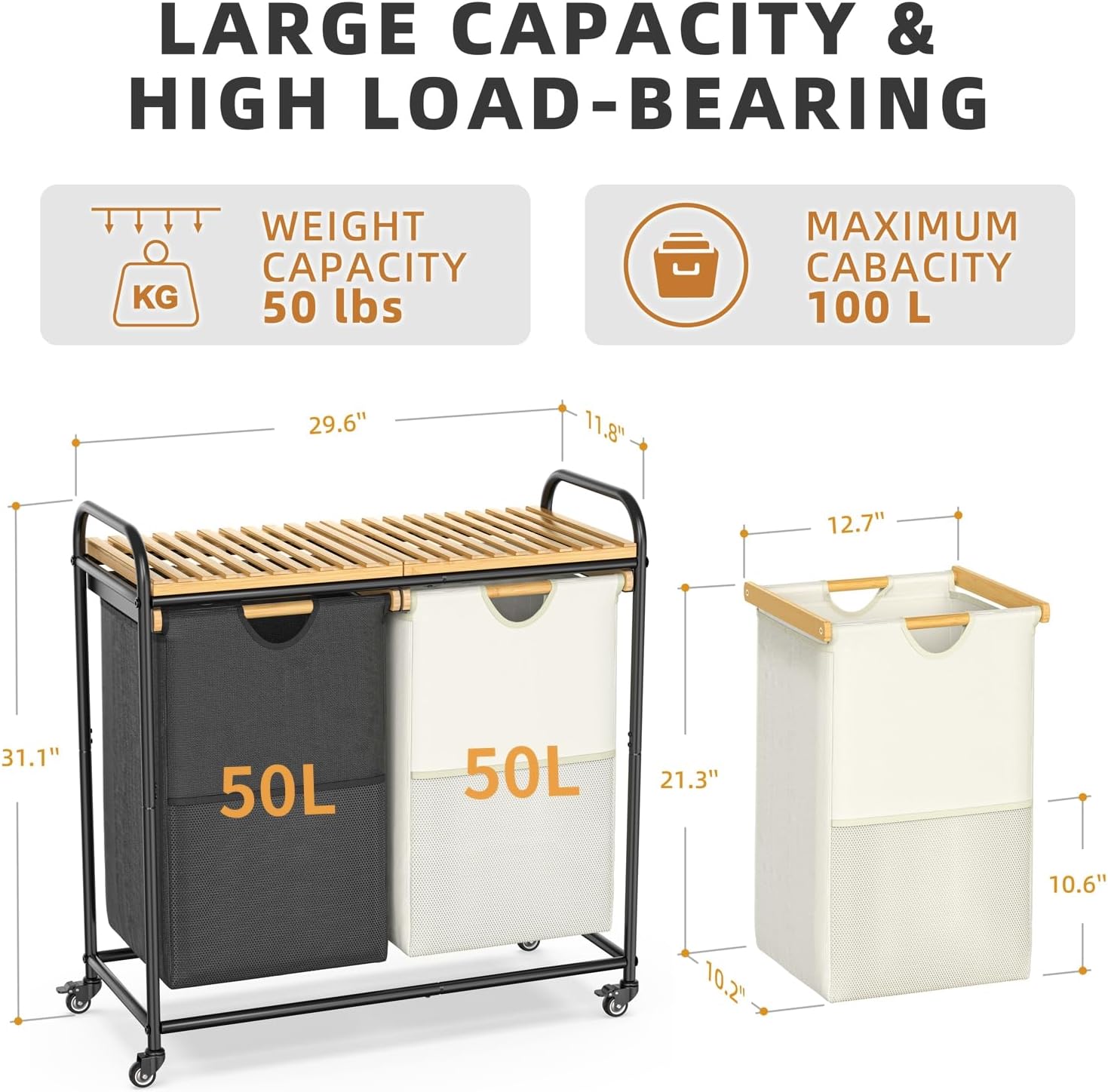 Laundry Hampers 2 Section, Laundry Sorter with Removable Shelf and Pull-Out Bags, Clothes Hampers with Wheels Rolling Cart Basket for Laundry Room Bathroom, 2 x 50 L (Black White) - NestledHome