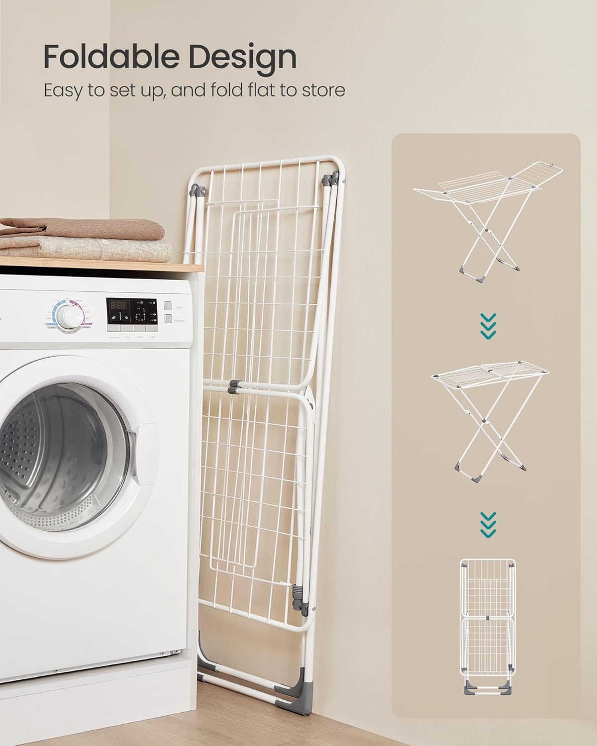 SONGMICS Clothes Drying Rack, Metal Laundry Drying Rack, Foldable, Space-Saving, Free-Standing Airer, with 4 Gullwings, Indoor Outdoor Use, Bed Linen Clothing, White ULLR541W01 - NestledHome