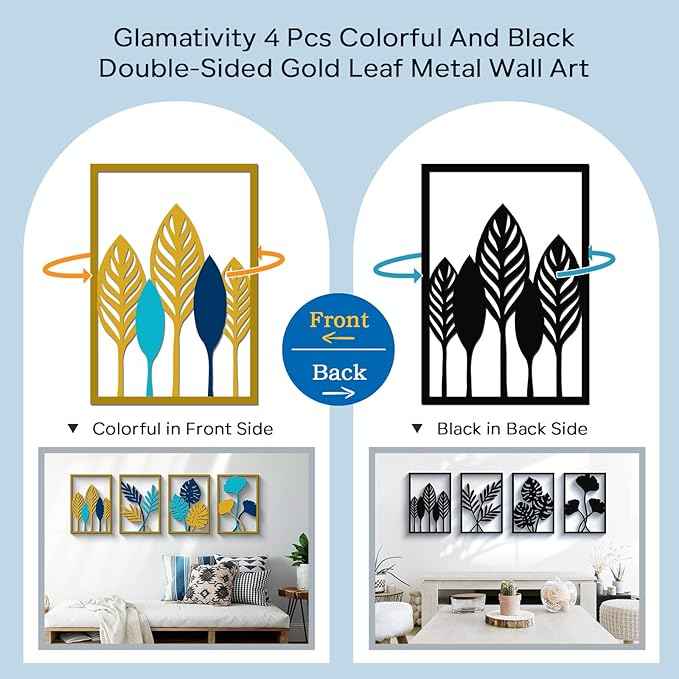 Glamativity Large 4 Pcs Colorful And Black Double-Sided Gold Leaf Metal Wall Art, 22.5 x 15.7'' Botanical Abstract Wall Décor Metal Leaf with Frame, 3D Textured Sculptures, Modern Wall Art With Ginkgo Biloba Design for Living Room Bedroom Bathroom Stud...