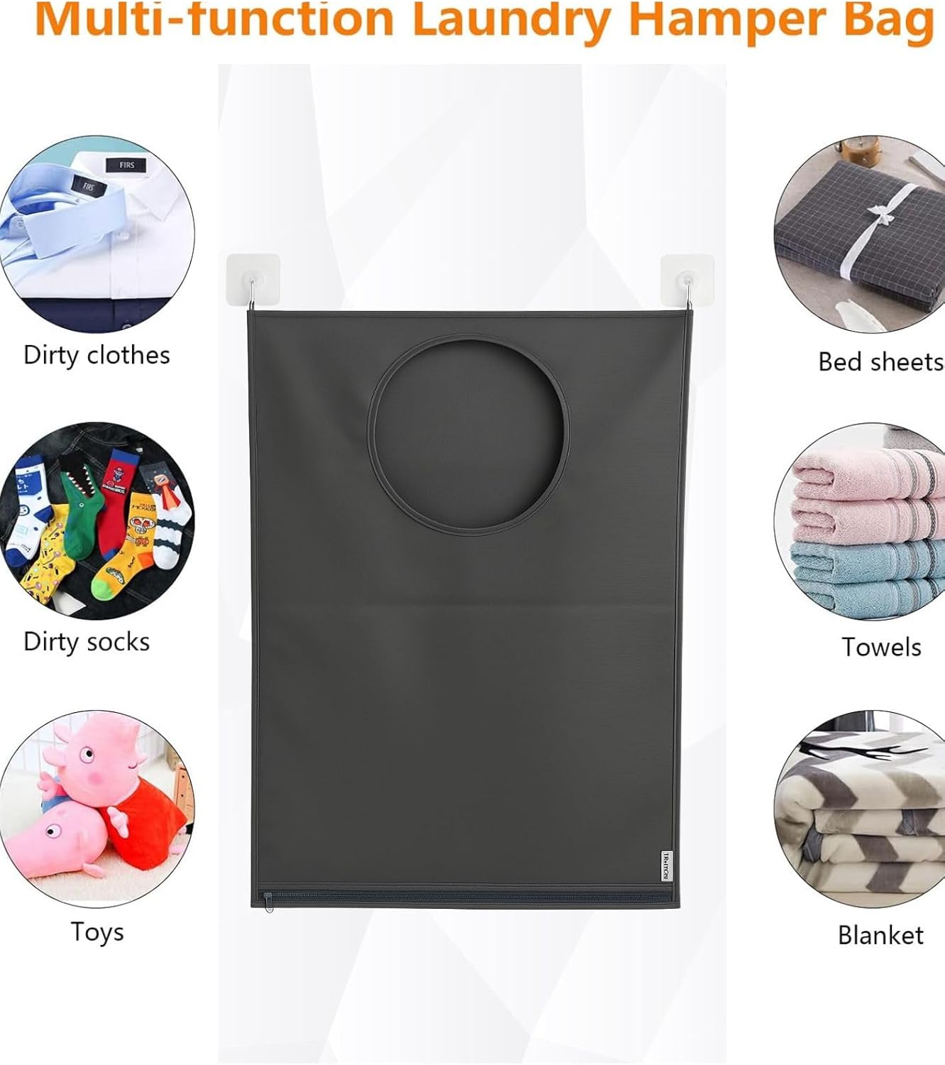 Hanging Laundry Hamper Bag – Space-Saving Dirty Clothes Storage with Free Adjustable Stainless Steel Over-the-Door Hooks & Suction Cup Hooks – Ideal for bathrooms, bedrooms & dorms (2, Gray) - NestledHome