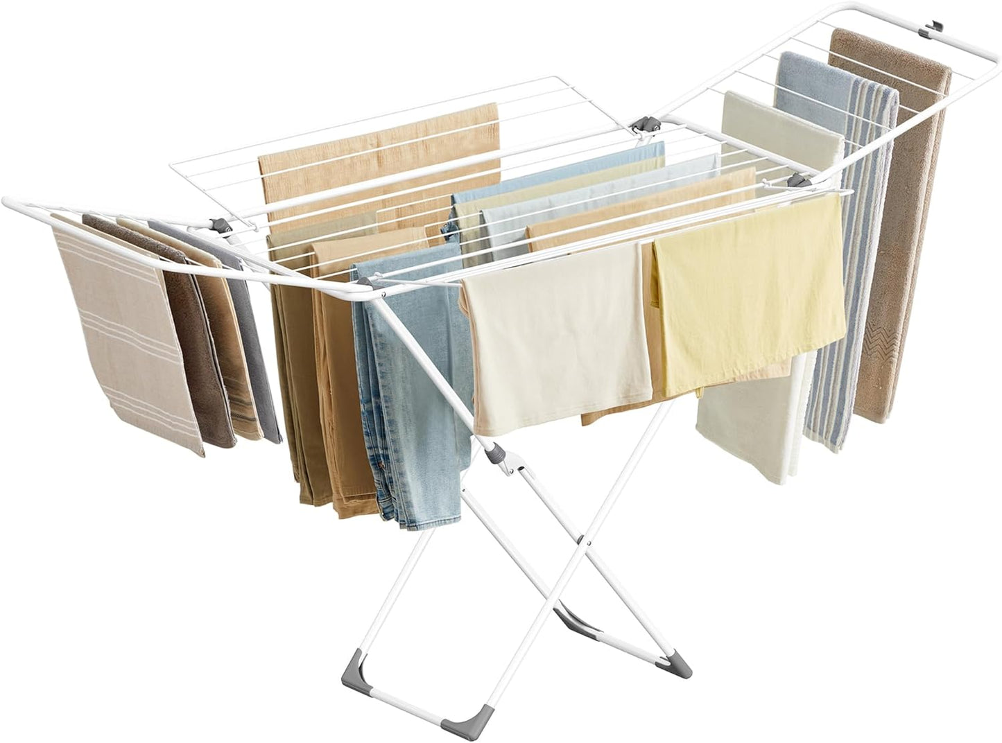 SONGMICS Clothes Drying Rack, Metal Laundry Drying Rack, Foldable, Space-Saving, Free-Standing Airer, with 4 Gullwings, Indoor Outdoor Use, Bed Linen Clothing, White ULLR541W01 - NestledHome