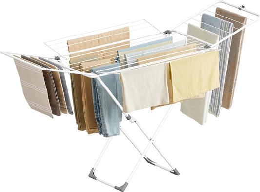 SONGMICS Clothes Drying Rack, Metal Laundry Drying Rack, Foldable, Space-Saving, Free-Standing Airer, with 4 Gullwings, Indoor Outdoor Use, Bed Linen Clothing, White ULLR541W01 - NestledHome