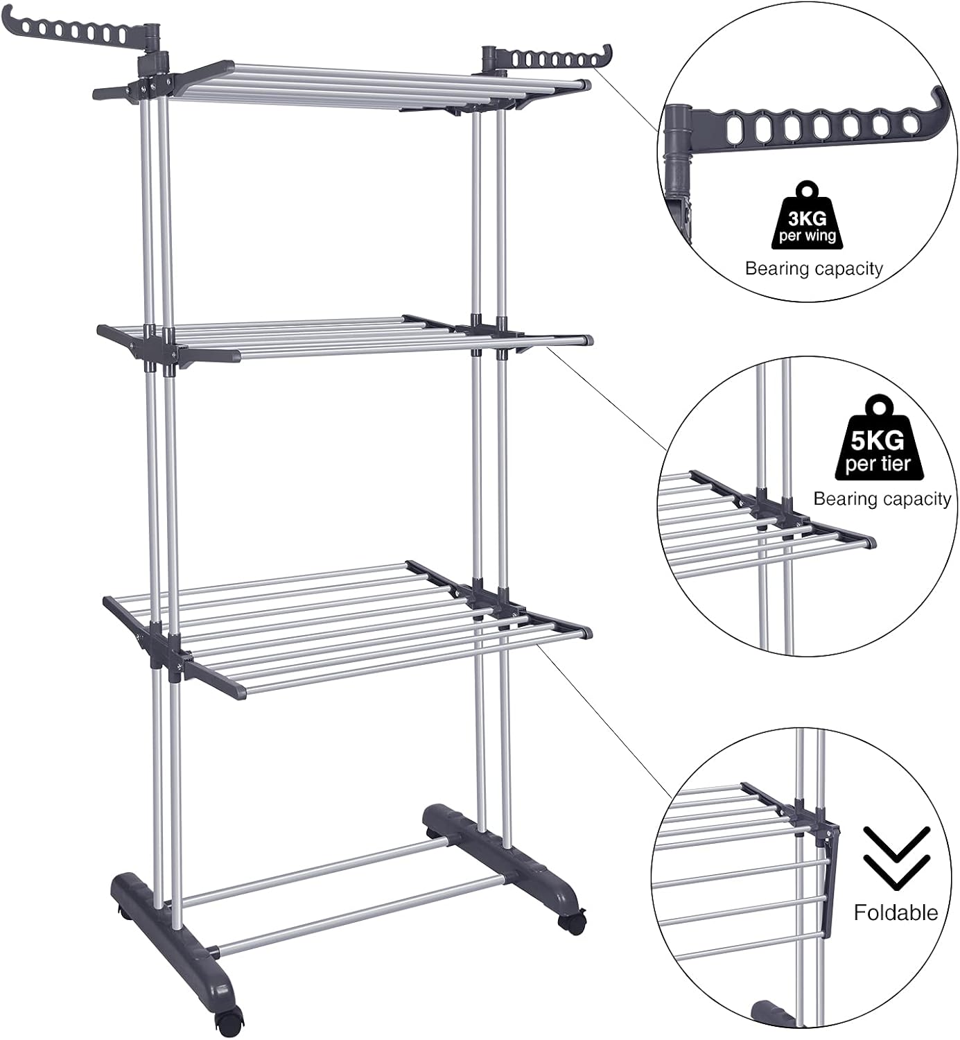 Bigzzia Clothes Drying Rack Folding Drying Rack Clothing 4 Tier Clothes Horses Rack Stainless Steel Laundry Drying Rack with Two Side Wings Grey - NestledHome