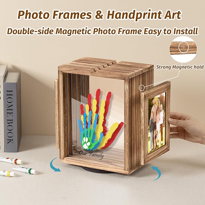 Emfogo 360 Rotating Family Handprint Kit, DIY Craft Keepsake Wooden Frame, Baby Footprint Kit, 5 Paint Colors Included, Non-Toxic Paints&Transparent Sheets, Gifts for Handprint Family Keepsake（Brown