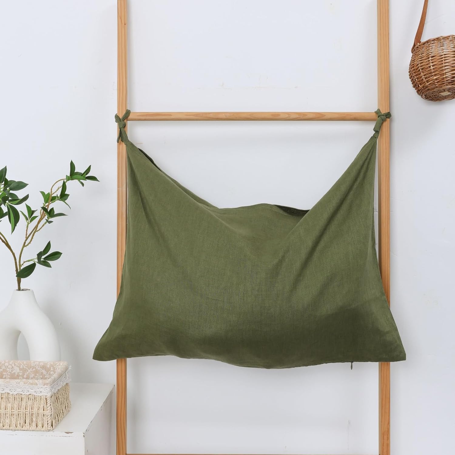 Hanging Linen Laundry Bag, 100% Pure Flax Linen Over The Door Hamper with Bottom Zipper for Laundry Room, Household Dirty Cloth Storage Organizer Bag, Army Green - NestledHome
