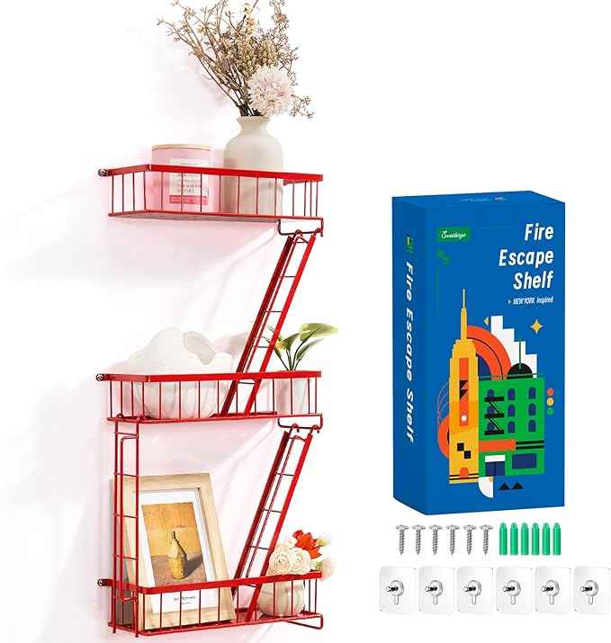 Fire Escape Wall Shelf Red - New York Wall Art Decorative Figure Display Floating Shelves Metal Racks for Living Room, Home Office Storage (3-Tier)