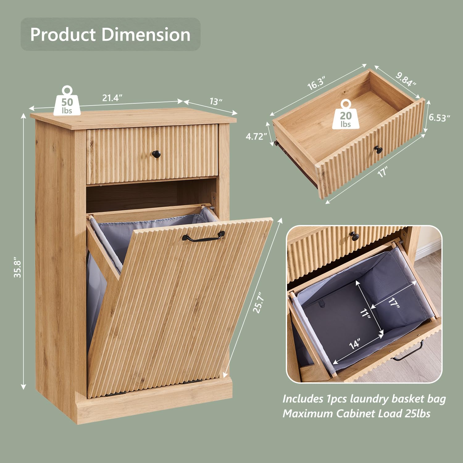Modern Tilt-Out Trash Can Cabinet, 10 Gallon Fluted Laundry Hamper Cabinet with Drawers, Wooden Hidden Garbage Can Cabinet w/Storage Basket, Free Standing for Kitchen & Living Room,Natural Oak - NestledHome