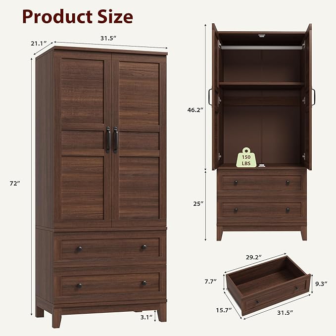 GarveeHome Armoire Wardrobe Closet with 2 Drawers,72 in Wooden Wardrobe Cabinet with Hanging Rod, Tall Clothing Armoire Cabinet with Doors and 18 Adjustable Shelves for Bedroom, Clothes,Walunt Brown