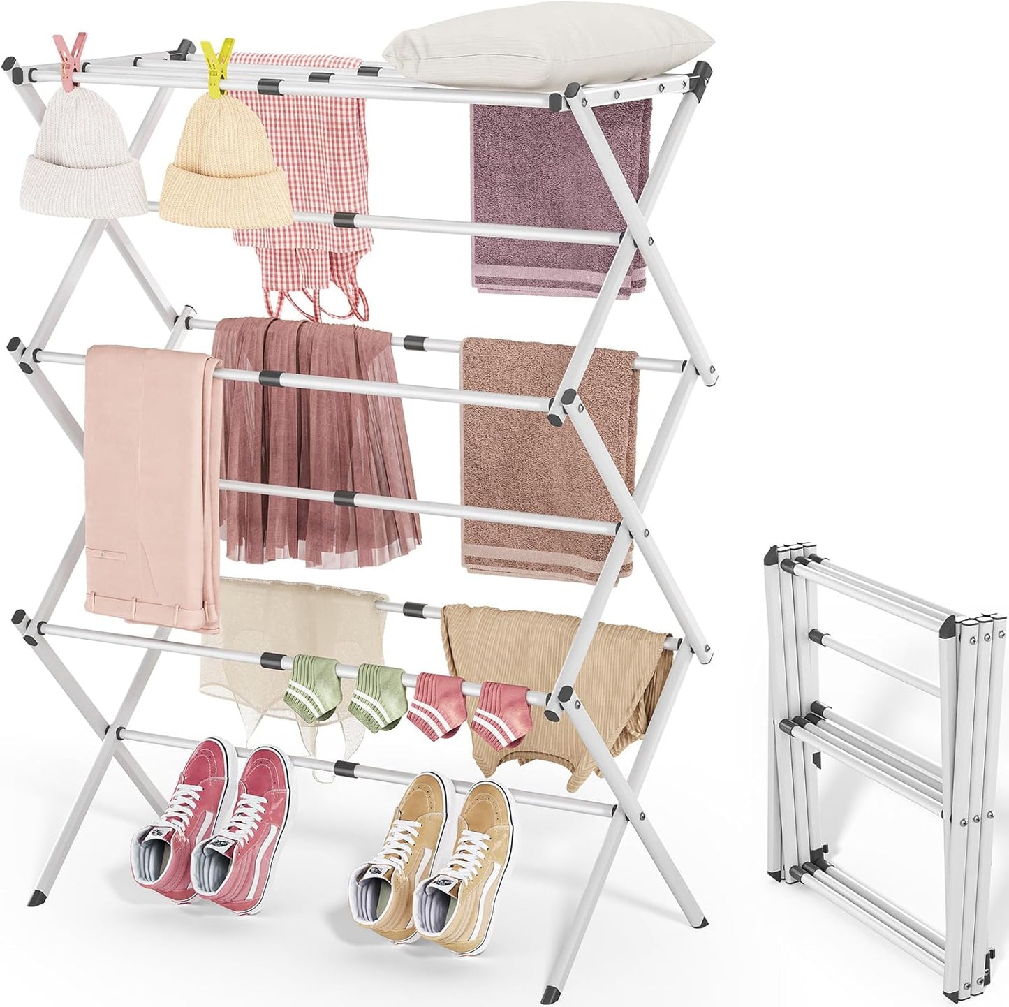 APEXCHASER Clothes Drying Rack, 3-Tier Laundry Drying Rack for Clothes, Expandable Metal Clothing Dryer, Collapsible Towel Rack, Air Drying Rack, White - NestledHome