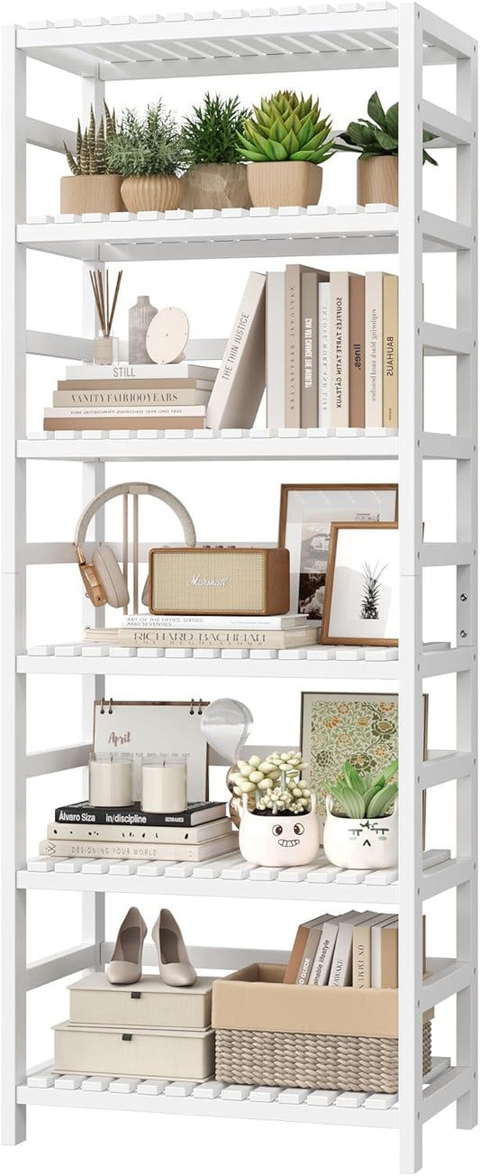 FOTOSOK 6-Tier Bamboo Shelf, Bamboo Bookcase with Adjustable Shelves, Free Standing Storage Shelf Unit, Plant Flower Stand for Bathroom, Kitchen, Home Office, White - NestledHome