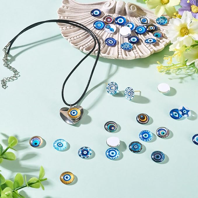 Craftora 100Pcs 12mm Transparent Evil Eye Glass Cabochons Mixed Blue Eyes Cameo Dome Tiles Flat Back Glass Covered Dome Tiles for DIY Bracelets Necklace Scrapbooking Art Crafts