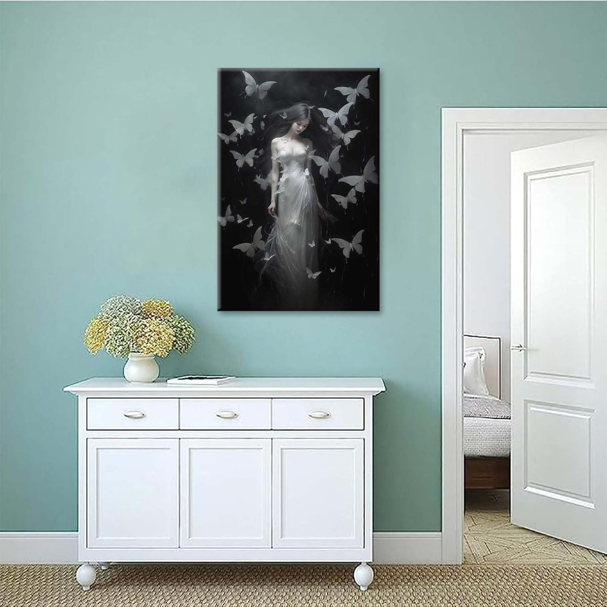 Vintage Gothic Feminine Canvas Wall Art Print Butterfly Poster Moody Female Wall Art Retro Artwork Dark College Decor for Home Bedroom8x12in Wood Framed