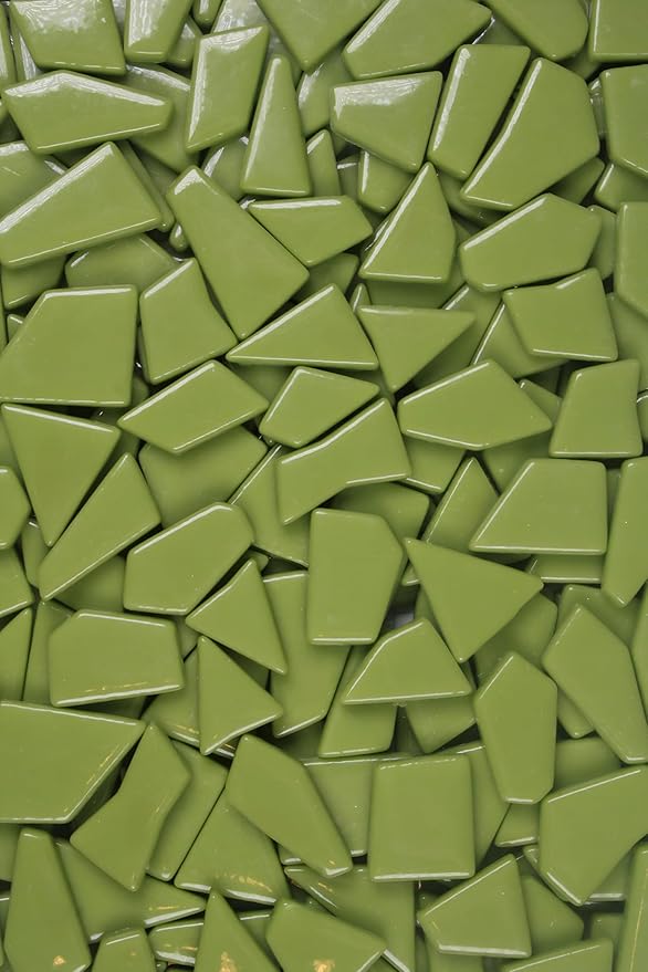 Irregular Glass Mosaic Tiles Bulk 500g Glossy and Iridescent Mosaic Glass Tiles for DIY Projects and Arts and Crafts Solid Colors and Mixes (Glossy Olive Green)