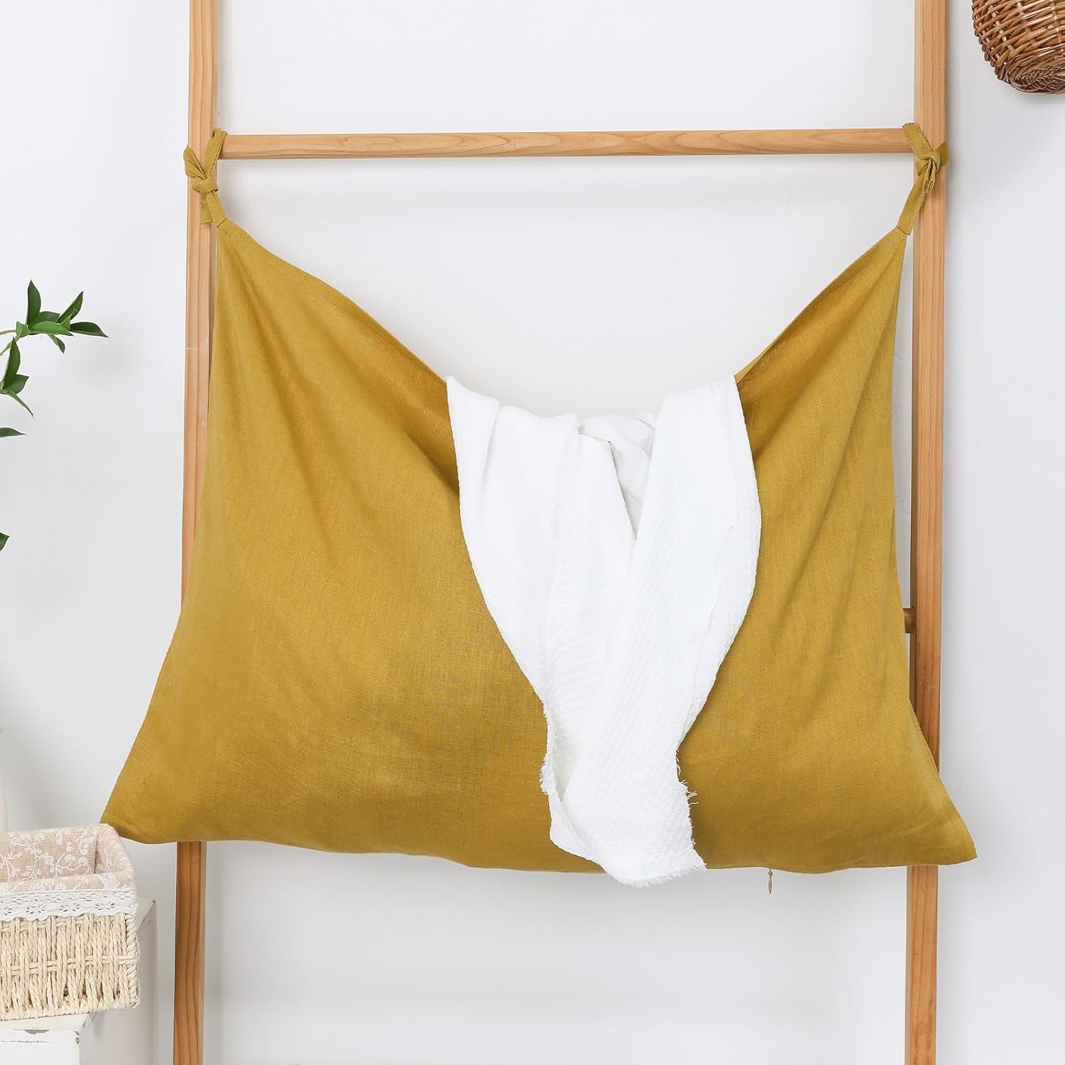 Hanging Linen Laundry Bag, 100% Pure Flax Linen Over The Door Hamper with Bottom Zipper for Laundry Room, Household Dirty Cloth Storage Organizer Bag, Turmeric - NestledHome
