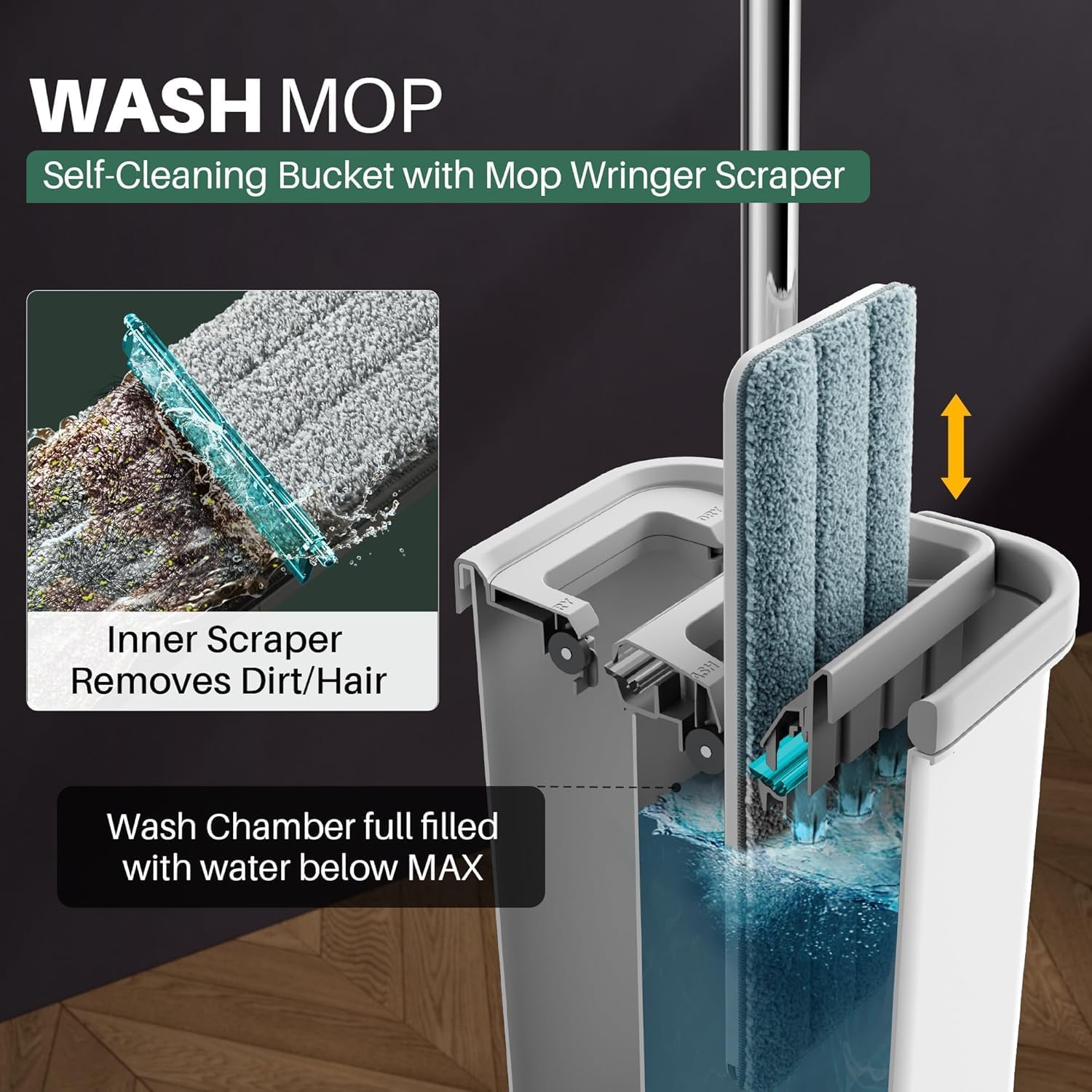 JOYMOOP Mop and Bucket with Wringer Set and Floor Cleaner Pods, Flat Floor Mop with 3 Reusable Microfiber Pads, Wet and Dry Use, Freesia Scent Pack of 15 Pacs for Floor Cleaning - NestledHome