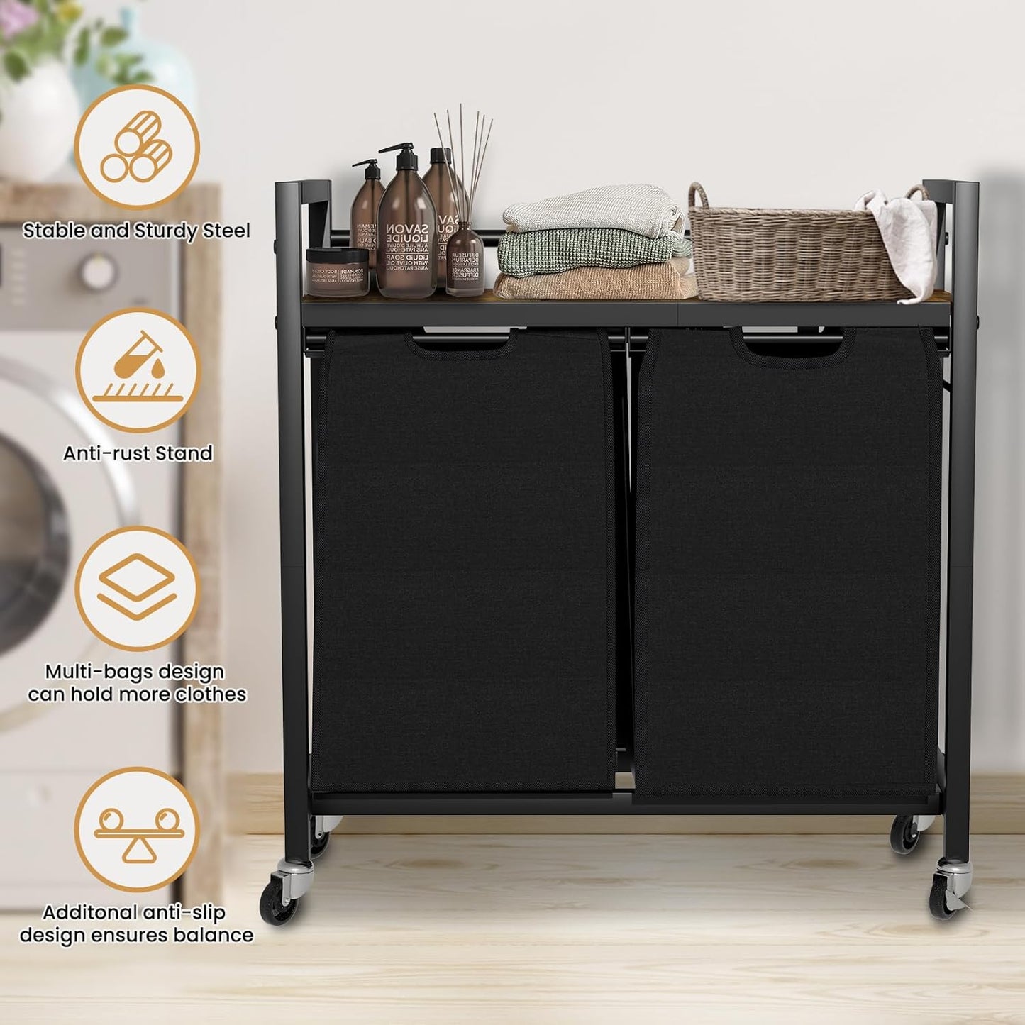 Laundry Hamper, Laundry Basket, Laundry Sorter with 2 Removable Bags, Clothes Basket with 2 Compartments, Wheels, Shelf for Laundry Room Bathroom Bedroom (2 Bags-Black) - NestledHome