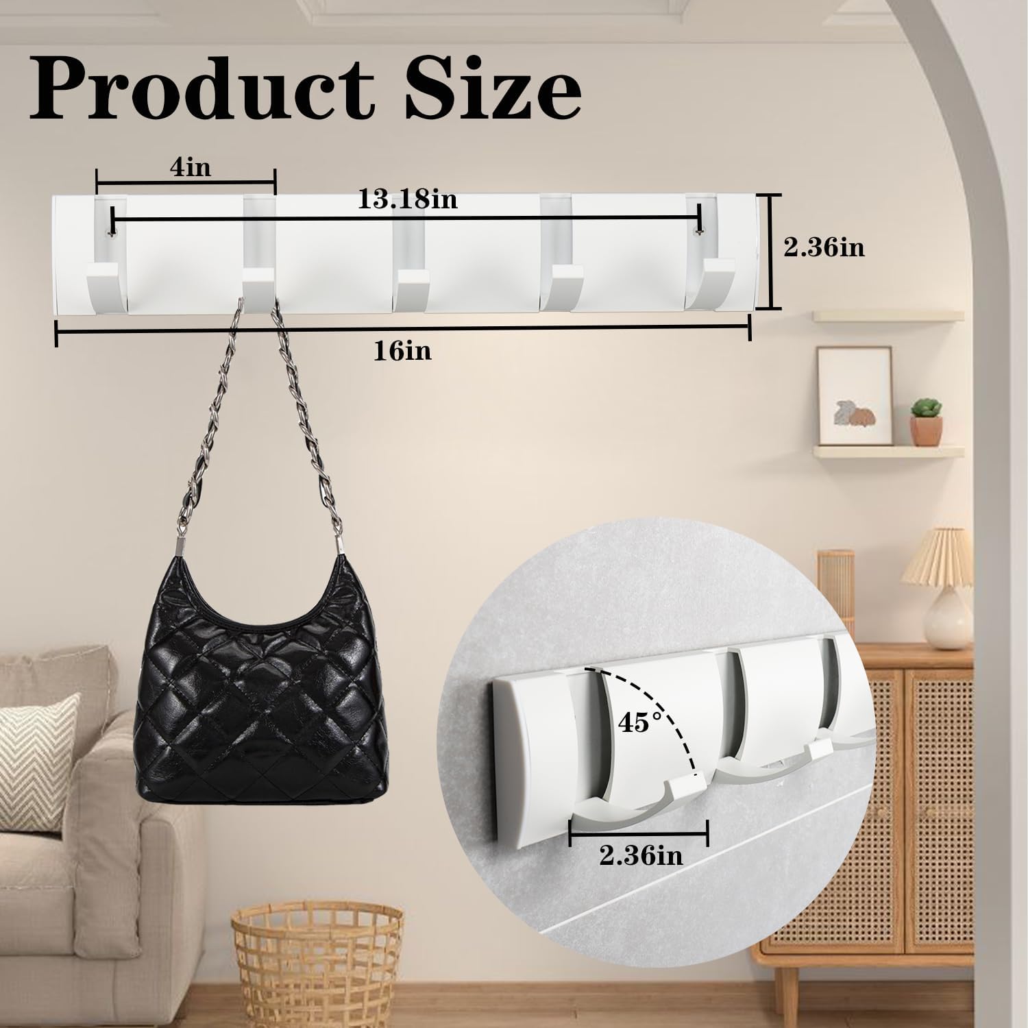 Folding Coat Hooks, Wall Mounted Coat Rack with 5 Retractable Hooks, Heavy Duty Towel Rack for Bathroom Wall Hook for Hanging Clothes Bathrobe, Stainless Steel Coat Hanger for Entryway(White) - NestledHome
