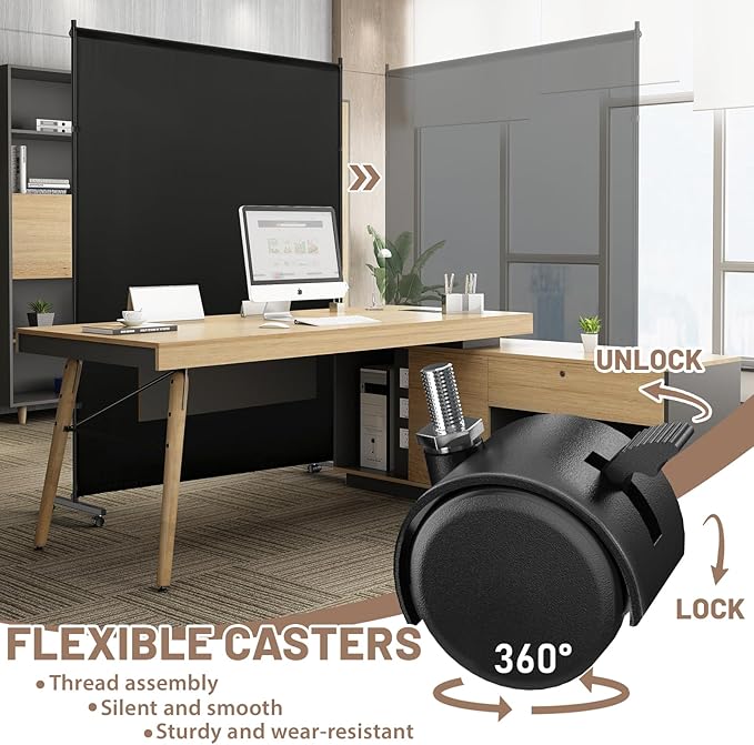 Single Panel Room Divider/Privacy Screen with Caster Wheels and Brakes - Stylish and Versatile Partition for Home,Office,School and Restauran (Black, 5FT*6FT)