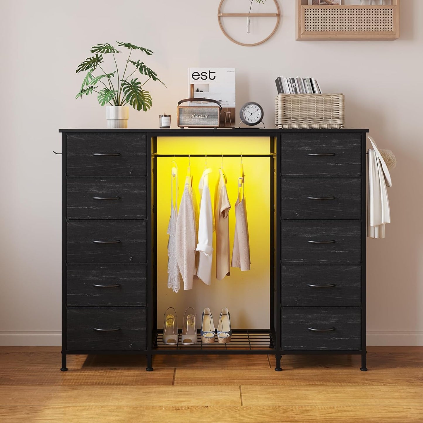 LUMTOK 55" W 2-in-1 Dresser with Hanging Rack, 10 Drawers Dresser for Bedroom,Dressers with Fabric Drawers,LED Lights, Charging Station and Hanging Racks for Bedroom