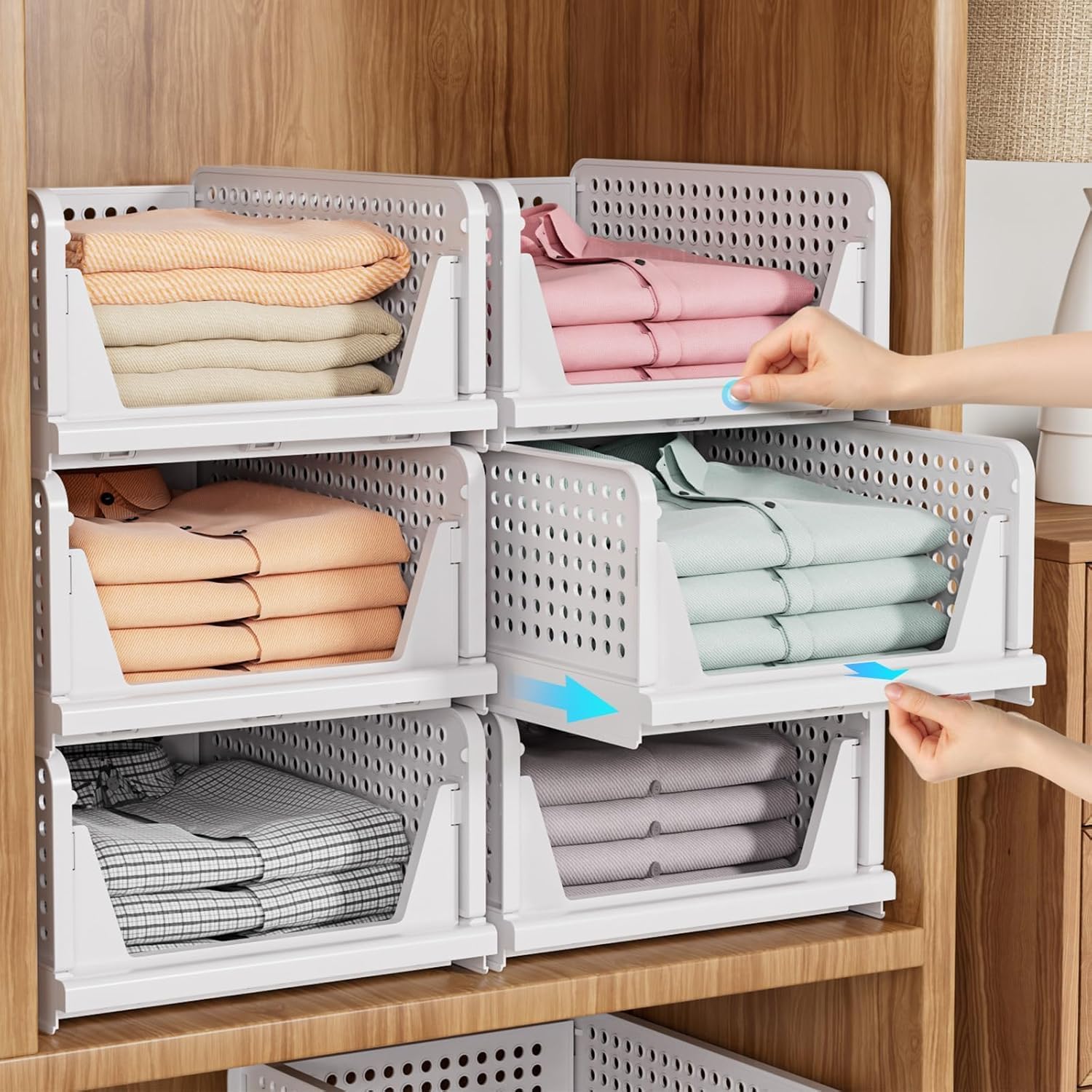 SNSLXH 5 Pack Stackable Closet Storage Basket, Multifunctional & Foldable Closet Organizer for Bathroom Kitchen Laundry Room Wardrobe Storage, Space-Saving Clothes Storage Drawer Organizer, White - NestledHome