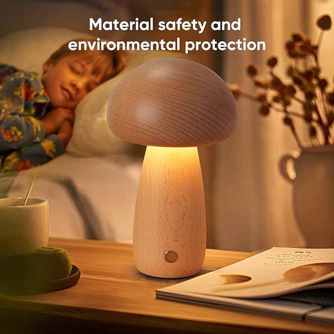 2 Pack Wooden Mushroom Lamp, Portable Cordless Touch Switch Small Rechargeable Battery Operated Lamp,Stepless Dimming,