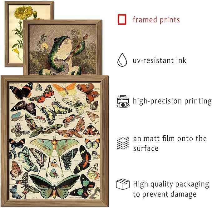 16 PCS Framed Vintage Wall Art Decor, Botanical Cottagecore Wall Prints for Bedroom, Gallery Wall Frame Set, Farmhouse Posters for Living Room Aesthetic, Rustic Dorm Home Collage Kit