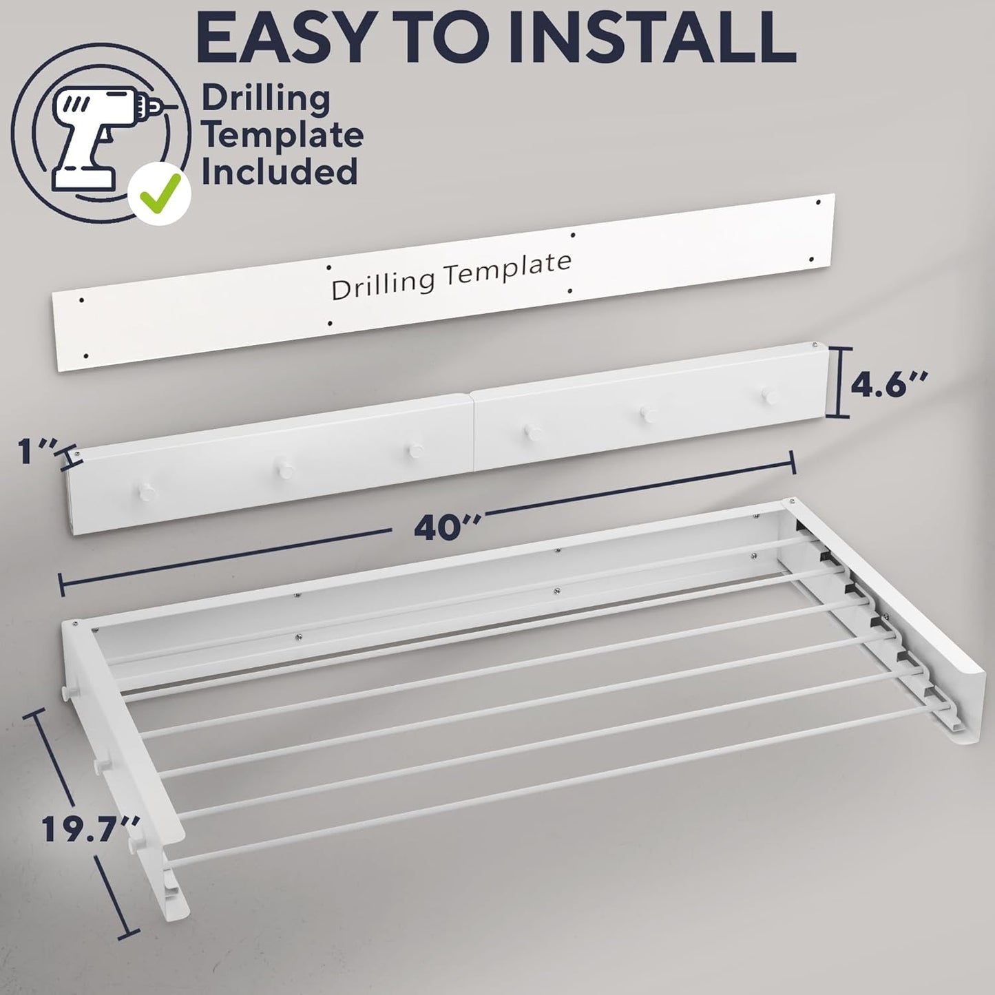 Foldable Wall Mounted Drying Rack 40 inch - Easy to Install Hanging Rack for Laundry Room - Space Saving Design with 66-lb Capacity - Perfect Drying Racks for Clothes Towels & More - NestledHome