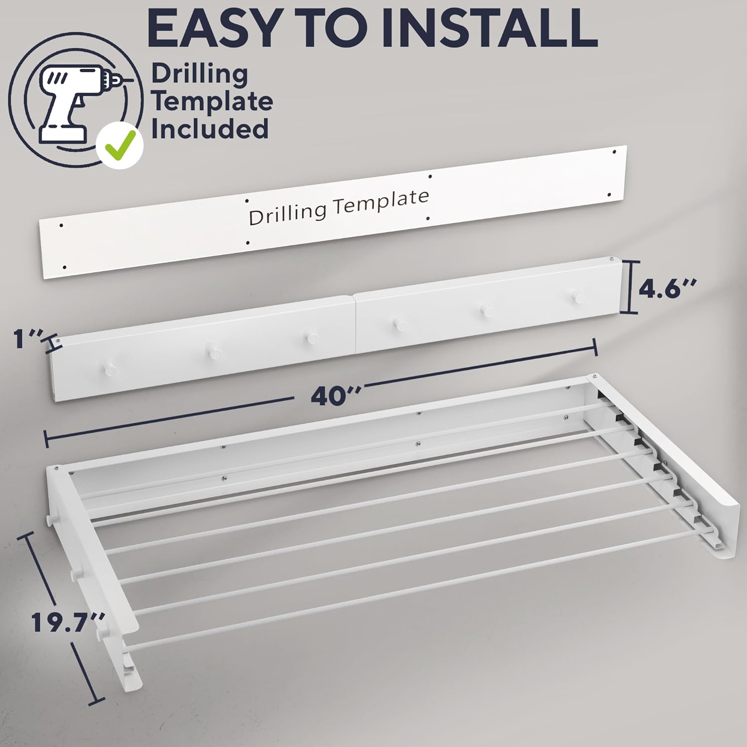 Foldable Wall Mounted Drying Rack 40 inch - Easy to Install Hanging Rack for Laundry Room - Space Saving Design with 66-lb Capacity - Perfect Drying Racks for Clothes Towels & More - NestledHome