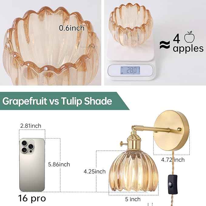 Plug in Wall Sconce, Amber Tulip Glass Lampshade Wall Light Plugin Corded for Bedside Bedroom Doorway