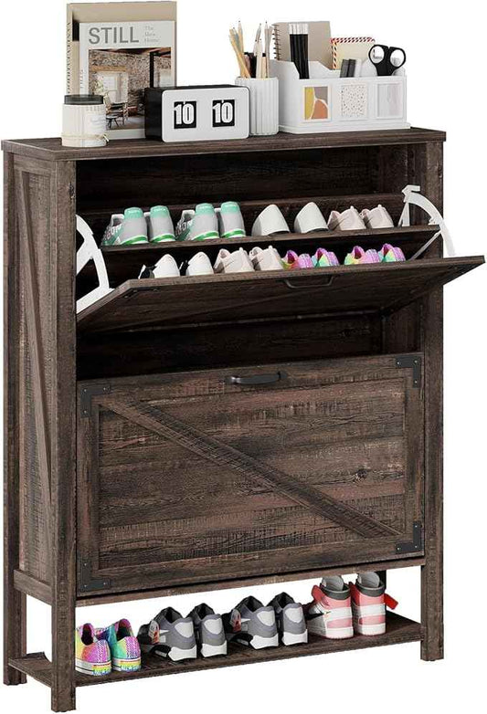 Vabches Shoe Storage Cabinet, 5-Tier Farmhouse Freestanding Organizer with 2 Flip Drawers, Wooden Shoes Rack Cabinets Storage Organizer with Doors for Entryway, Hallway, Closet, Dark Oak