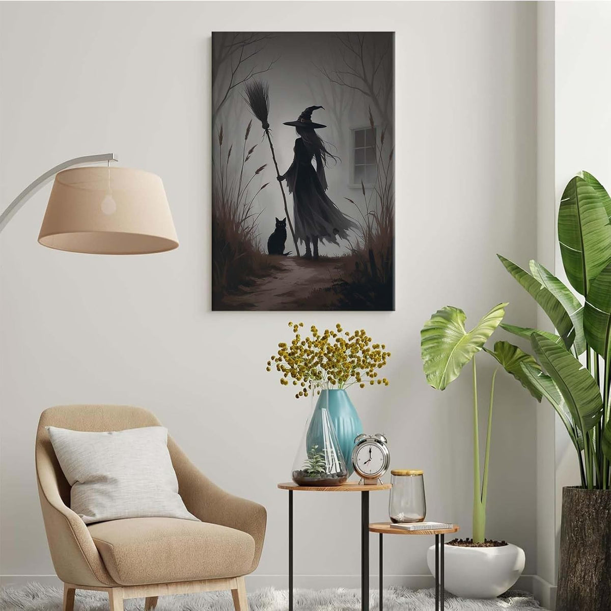 Vintage forest witch and black cat poster Halloween mural poster decoration mural art magic suitable for home living room bedroom8x12in Wood Framed