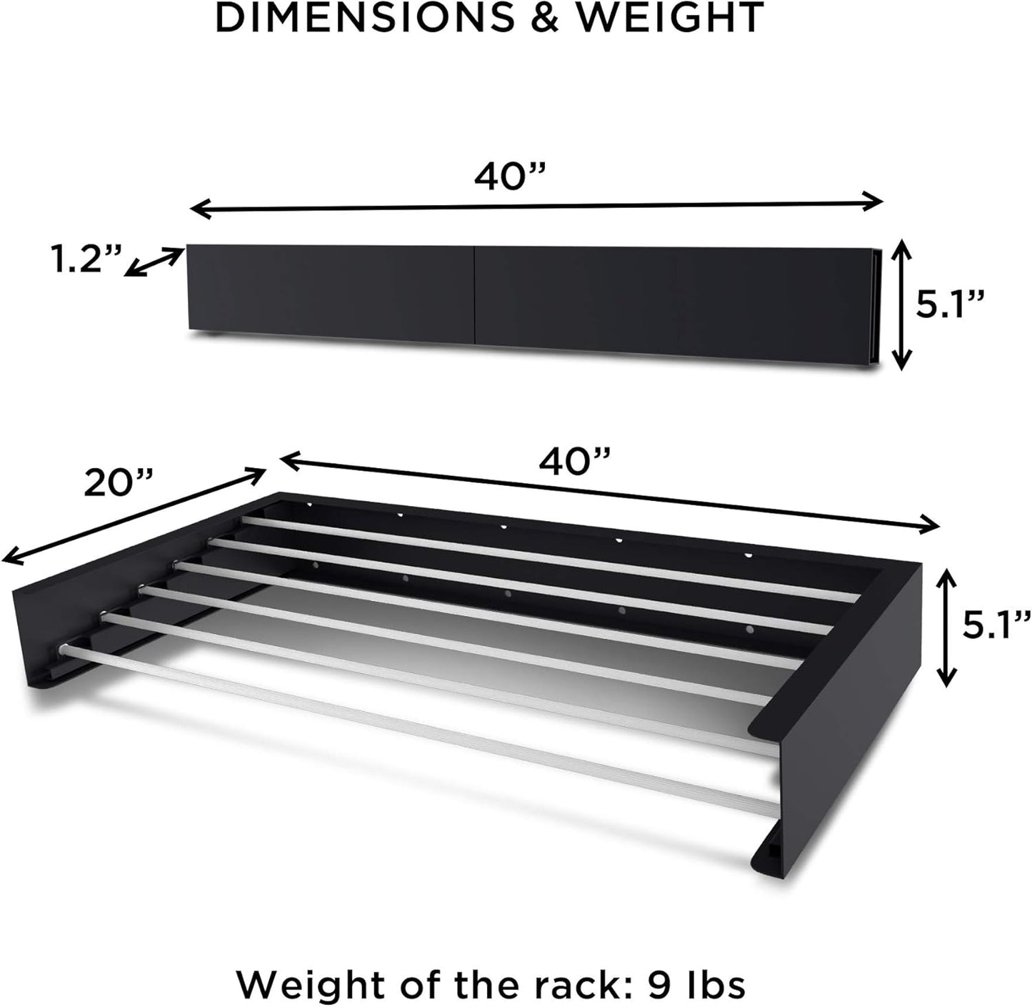 Step Up Laundry Drying Rack (40-INCH Industrial Gray), Wall Mounted, Retractable Clothes Drying Rack, 60lbs Capacity, 20 Linear Ft, with Wall Template and Long Screwdriver Bit - NestledHome