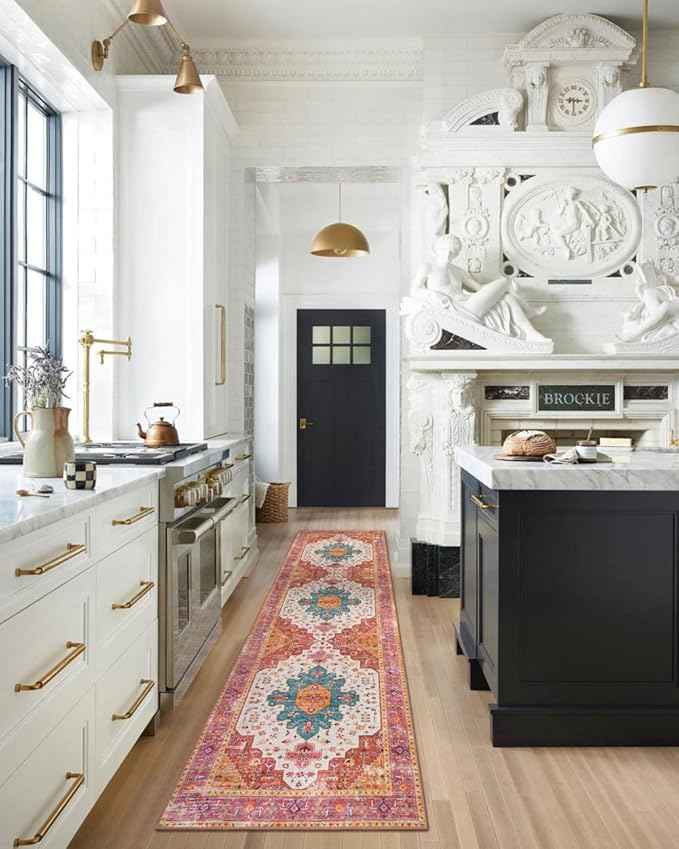 Moynesa Ultra-Thin Washable Rug - 2'6" x 10' Pink Long Hallway Carpet, Vintage Non Skid Non Shedding Low Pile Bedroom Mat for Girl's Room, Bathroom, Kitchen