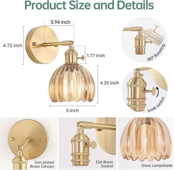 Vintage Wall Sconces with Amber Tulip Glass Lampshade 180 Degree Adjustable Brass Sconces Hradwired Modern Wall Lighting Fixture with Switch for Bedside Bedroom Doorway