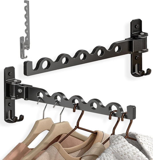 Dr.DJ Wall Hanger for Clothes, Coat Hanger Mounted Matte Black Retractable Clothes Drying Organizer Rack Garment Hooks Aluminium Folding Indoor Space Saver (2 Racks) Black - NestledHome