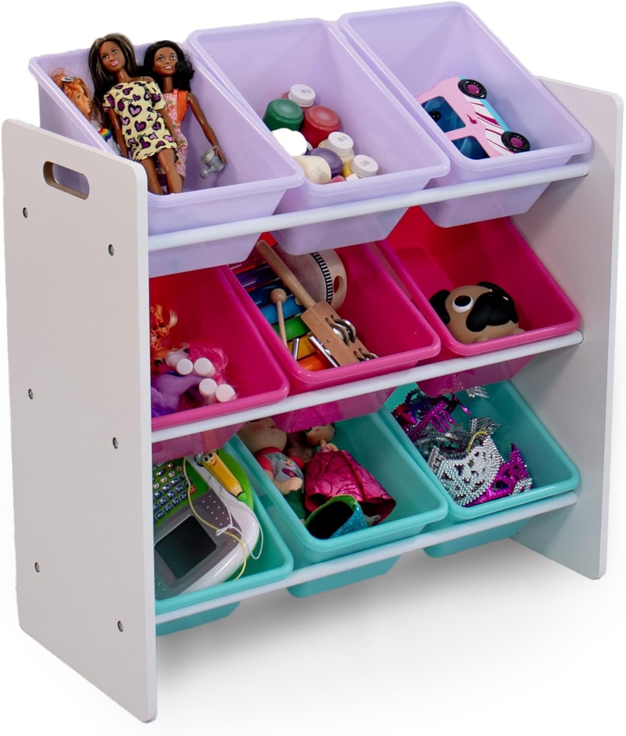 Humble Crew 9-Bin Toy Organizer – Forever Natural White/Pink/Purple/Aqua Plastic Bins, 3-Tier Storage Solution for Kids' Playrooms and Nurseries - NestledHome