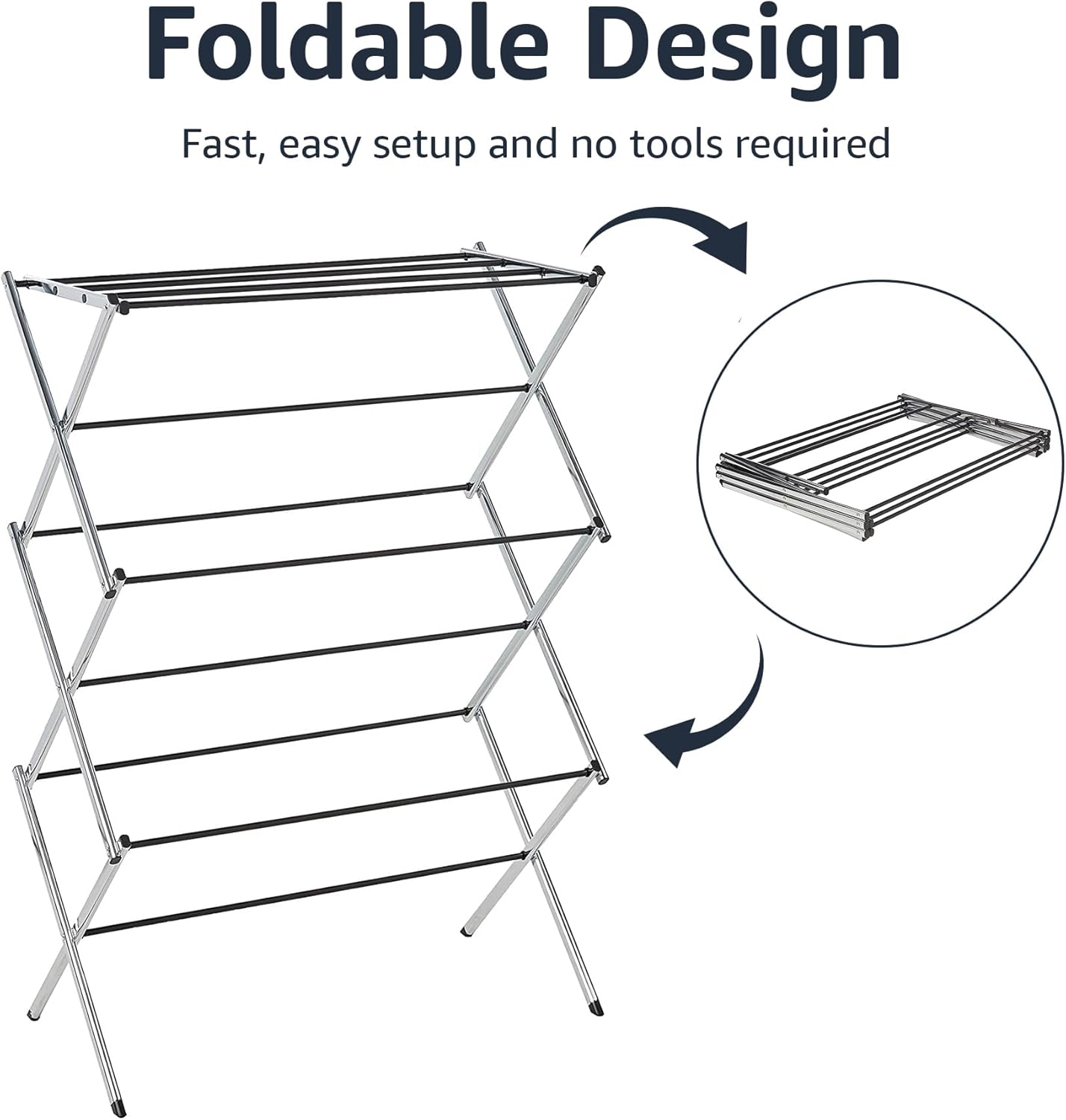Amazon Basics Foldable Portable Laundry Drying Rack for Indoor Air Drying Clothing, 14.5 x 29.5 x 41.8 inches (LxWxH), Chrome Silver - NestledHome